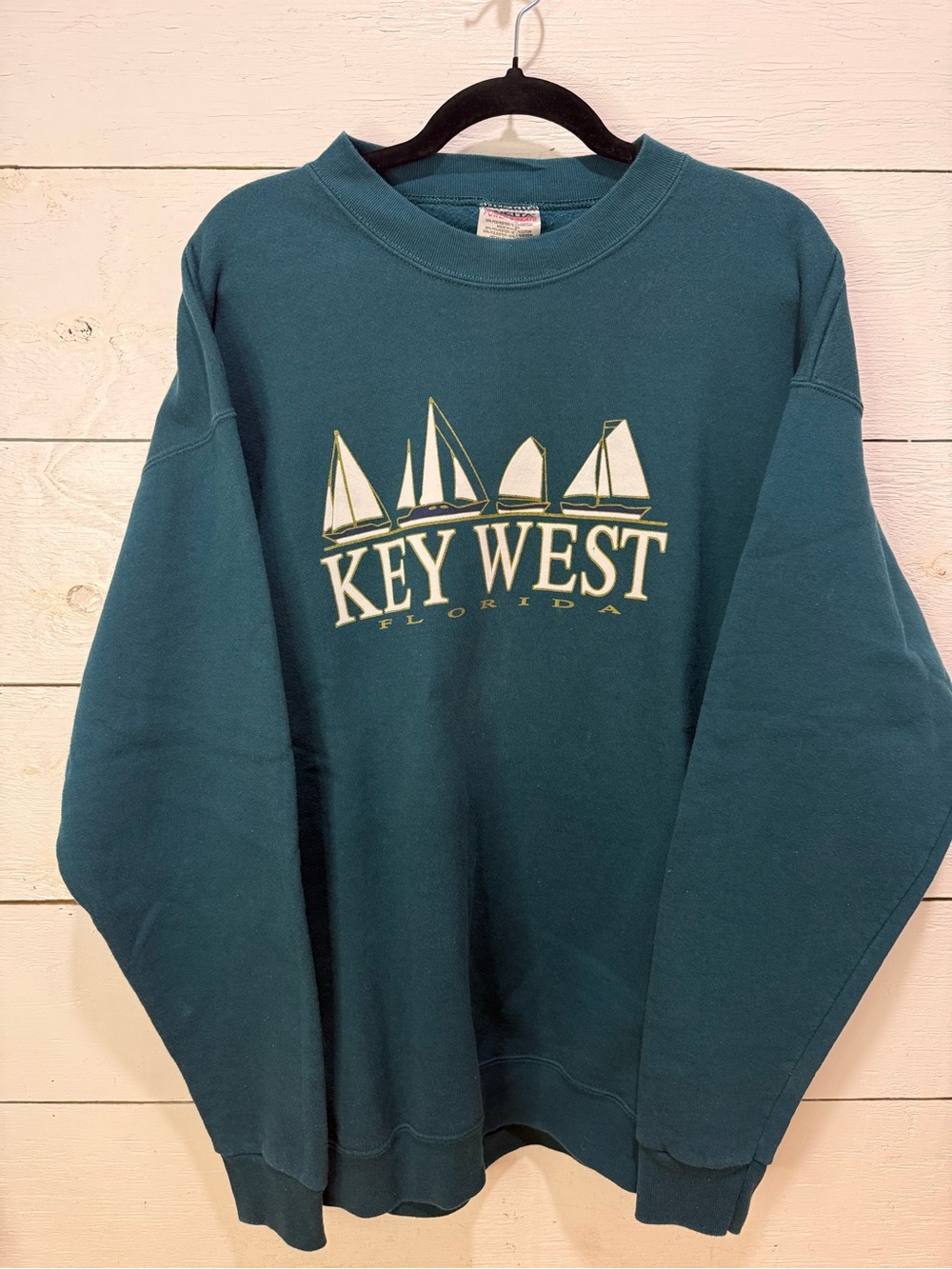 Unique vintage 90’s Oneita Teal Key West Florida Crewneck Sweatshirt w sailboats